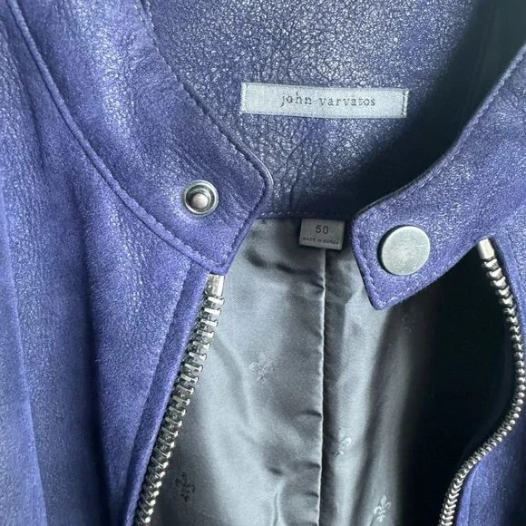 John Varvatos Blue Leather Jacket with Minimal Collar